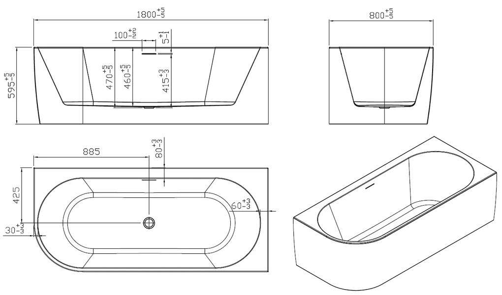 Saniclear Lilla bubbelbad 180x80cm rechts wit mat elektronisch 12+6+4 hydro en 12 aerojets chroom