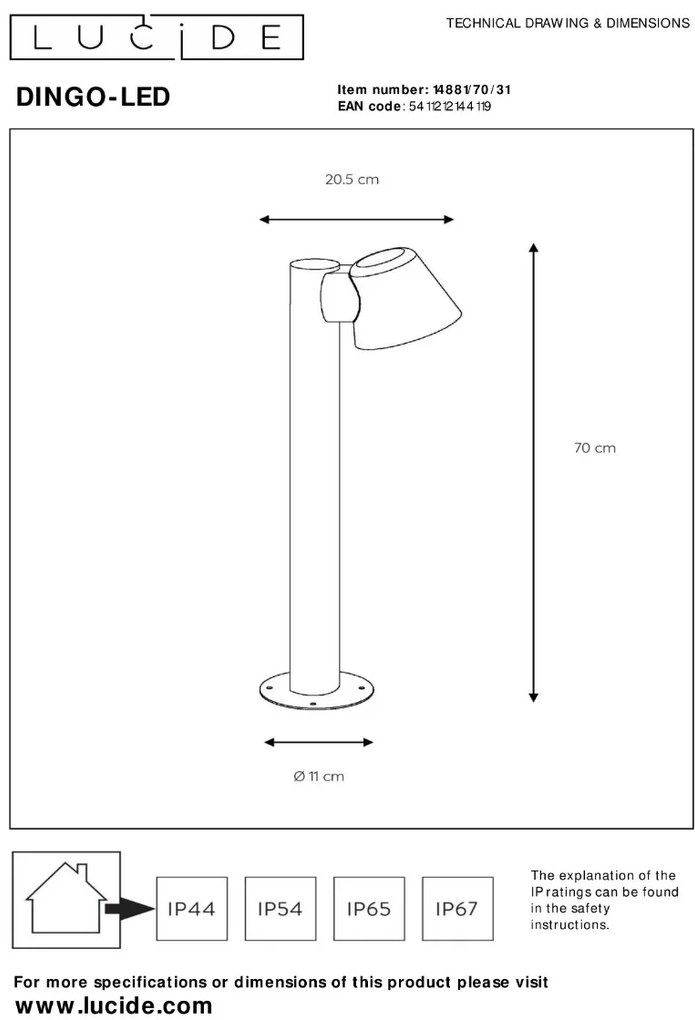 Lucide Dingo sokkellamp 5W 70cm wit