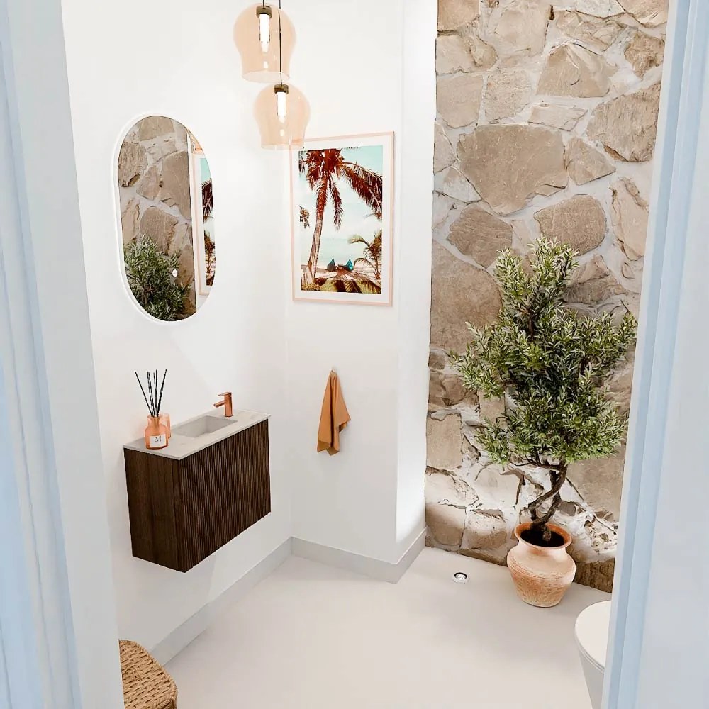 Mondiaz Joya DLux 50cm toiletmeubel walnut met wastafel faye rechts 1 kraangat opalo