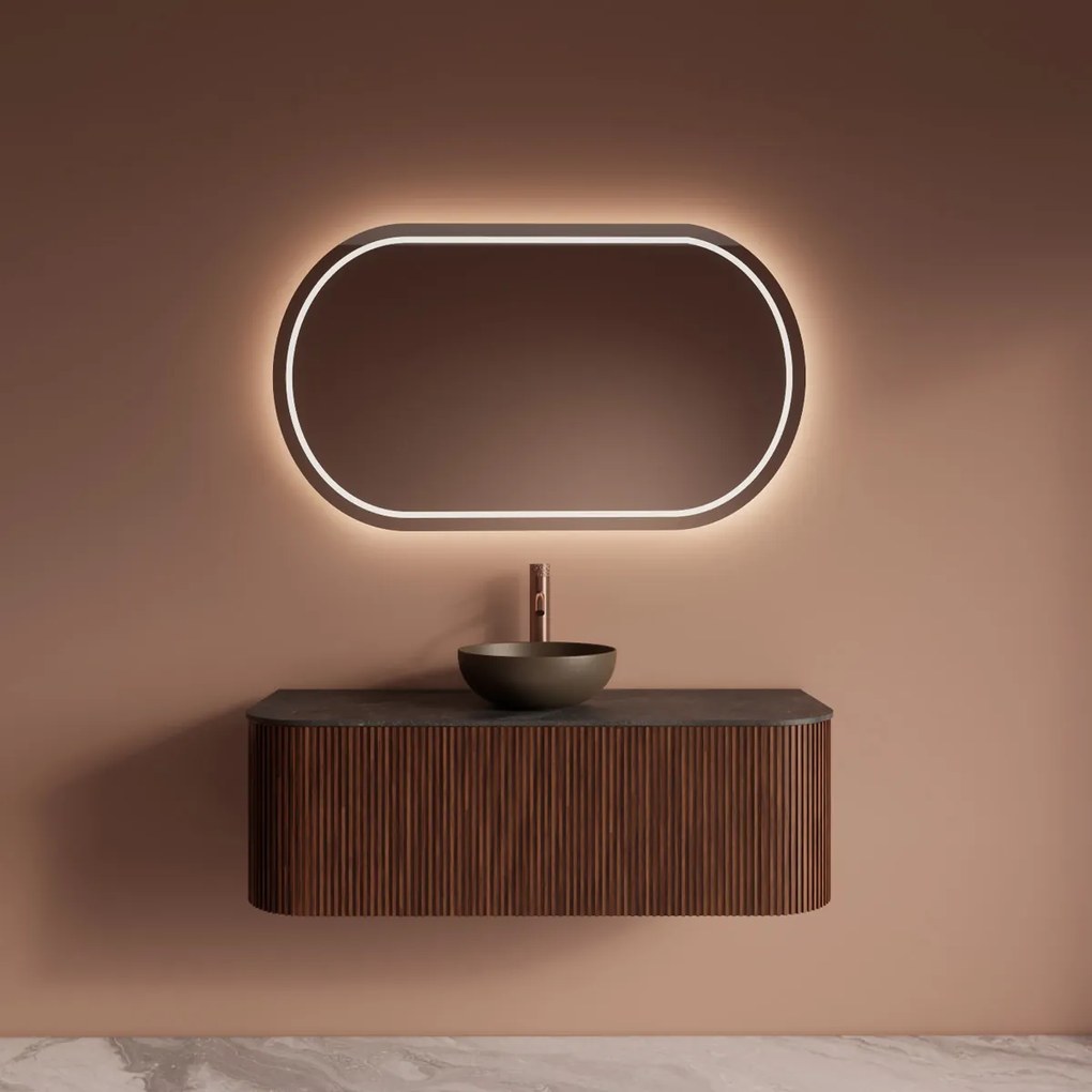 Gliss Design Alluro badmeubel ribbelfront met ronding links/rechts 120cm walnut en zwart leisteen toppaneel