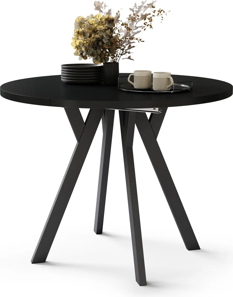ALMO 100 Zwarte/Zwarte poten - RONDE LOFT/INDUSTRIËLE TAFEL VOOR WOONKAMER/EETKAMER, UITSCHUIFBAAR