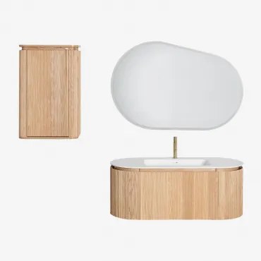 Carsone Houten Badkamermeubelset Met Geïntegreerde Wastafel Natuurlijk Hout & Natuurlijk Hout & Ovaal Led En Anticondens 120x80 Cm Riben - Sklum