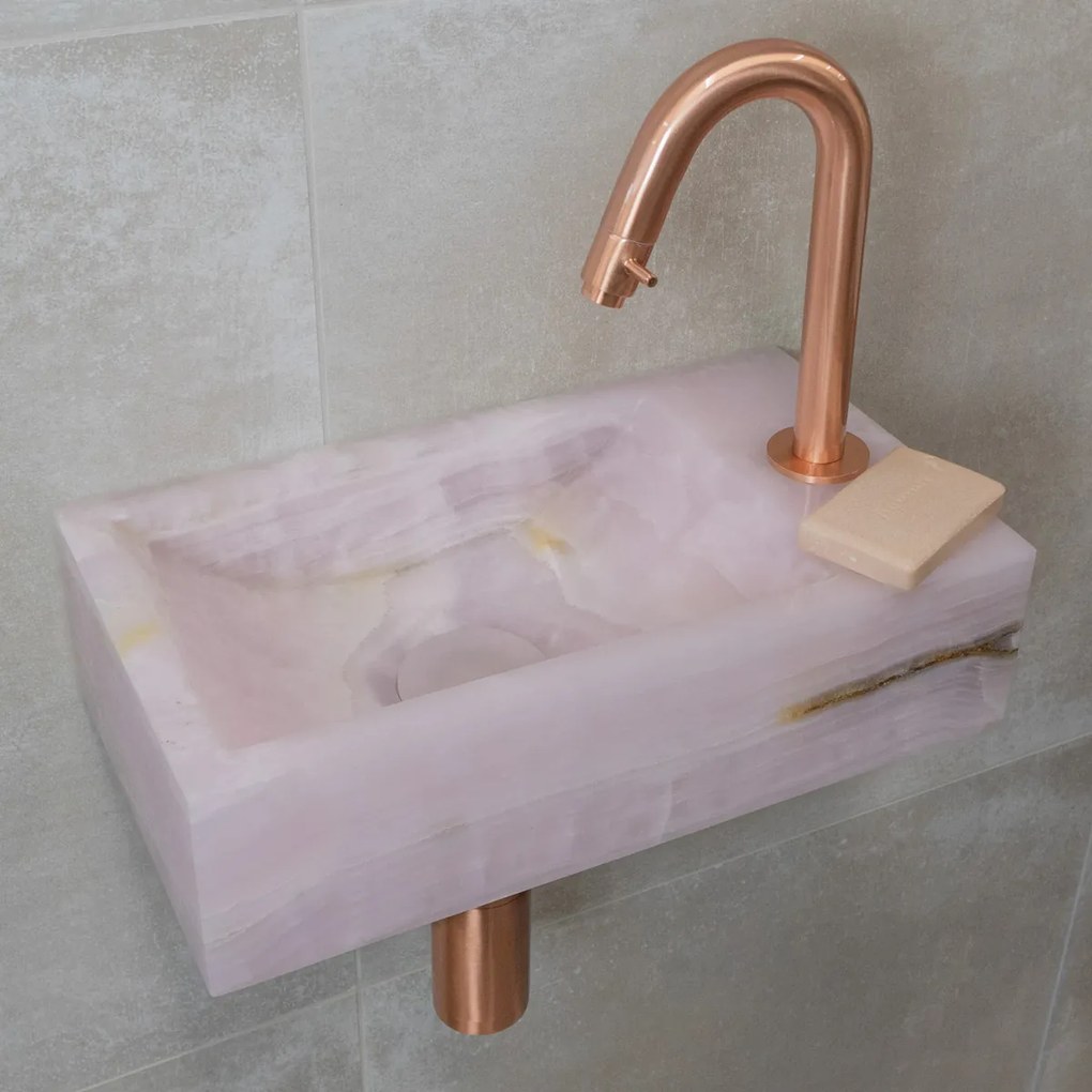 Saniclear Pink Onyx fonteinset met gebogen kraan in geborsteld koper