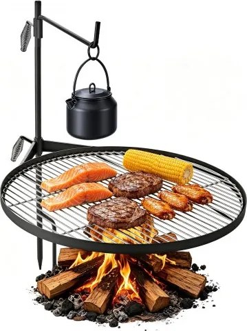 VEVOR Draaibare Kampvuurgrill met Grillrooster, 62 cm, Koolstofstaal, In hoogte verstelbare draaibare grill met grillstandaard, Draaibare Buitengrill voor Open Vuur, Camping en Tuin, Zwart