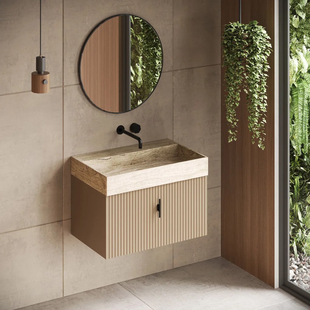 Muebles Zahora badmeubel ribbelfront 80cm macchiato met White Travertin wastafel zonder kraangat