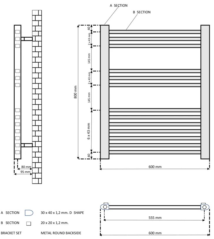 Eastbrook Rion handdoekradiator 60x80cm 478W antraciet