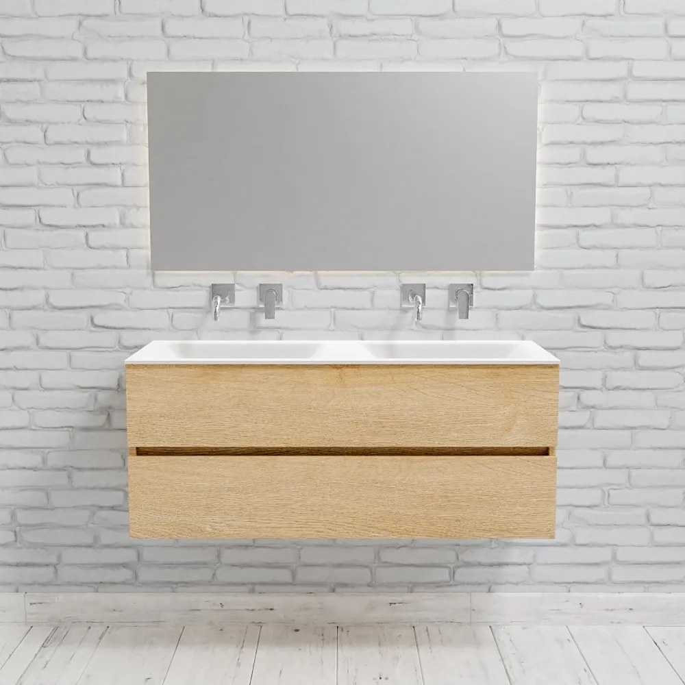 Zaro Valencia Solid Surface badmeubel 120cm licht eiken zonder kraangat dubbele spoelbak met 2 lades
