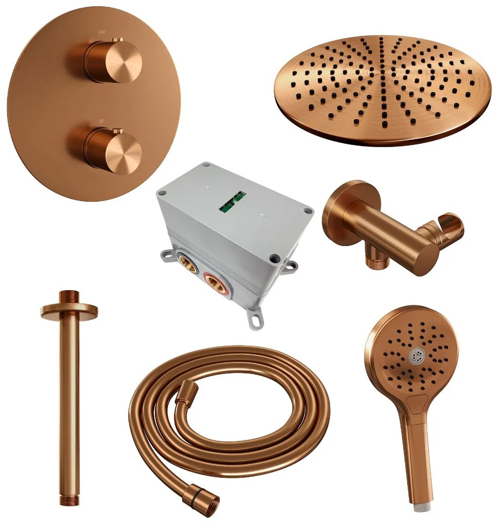 Brauer Copper Edition thermostatische inbouw regendouche met 3 standen handdouche, plafondarm en hoofddouche 30cm set 84 koper geborsteld PVD