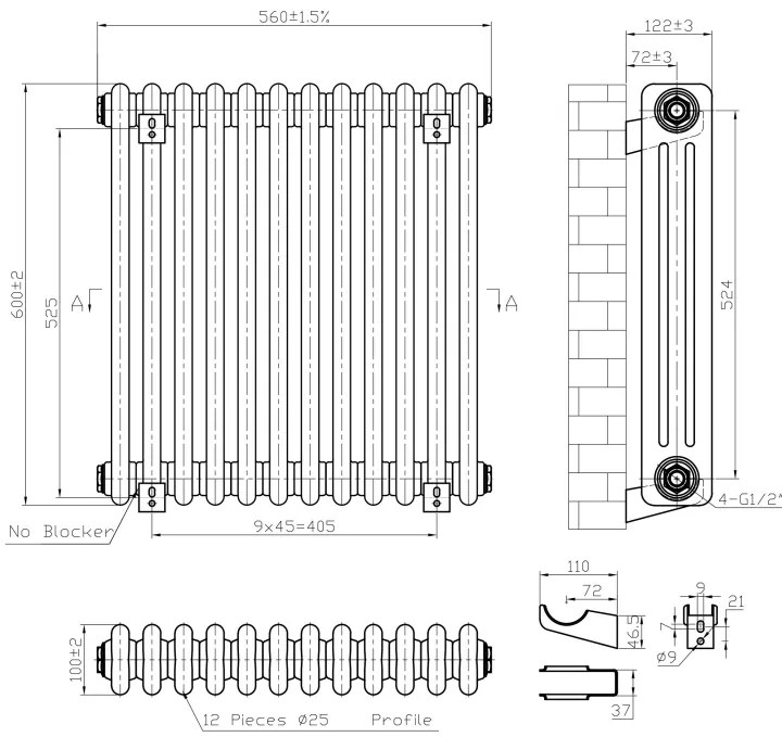 Eastbrook Imperia 3 koloms radiator 55x60cm 1134W wit glans