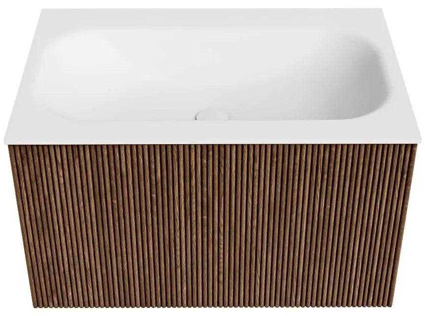 Mondiaz Kurve 70cm badmeubel walnut met 1 lade en wastafel big small midden zonder kraangat