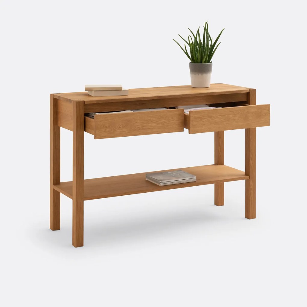 Geslepen en gefineerde eikenhouten console, 2 lades, Adelita