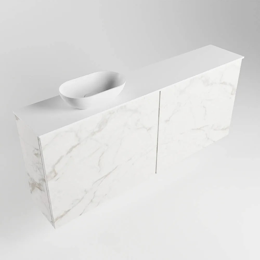 Mondiaz Fowy toiletmeubel 120cm Carrara met witte waskom links en kraangat