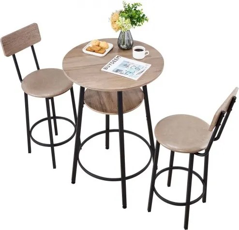 VEVOR Bartafelset (3-delig) met 2 barkrukken en afgeronde randen, ronde cafétafel, staande tafel (600 x 915 mm), bistrotafel, eettafel, lichtgrijs, zwart, geschikt voor kantoor, minibar, ontbijthoek