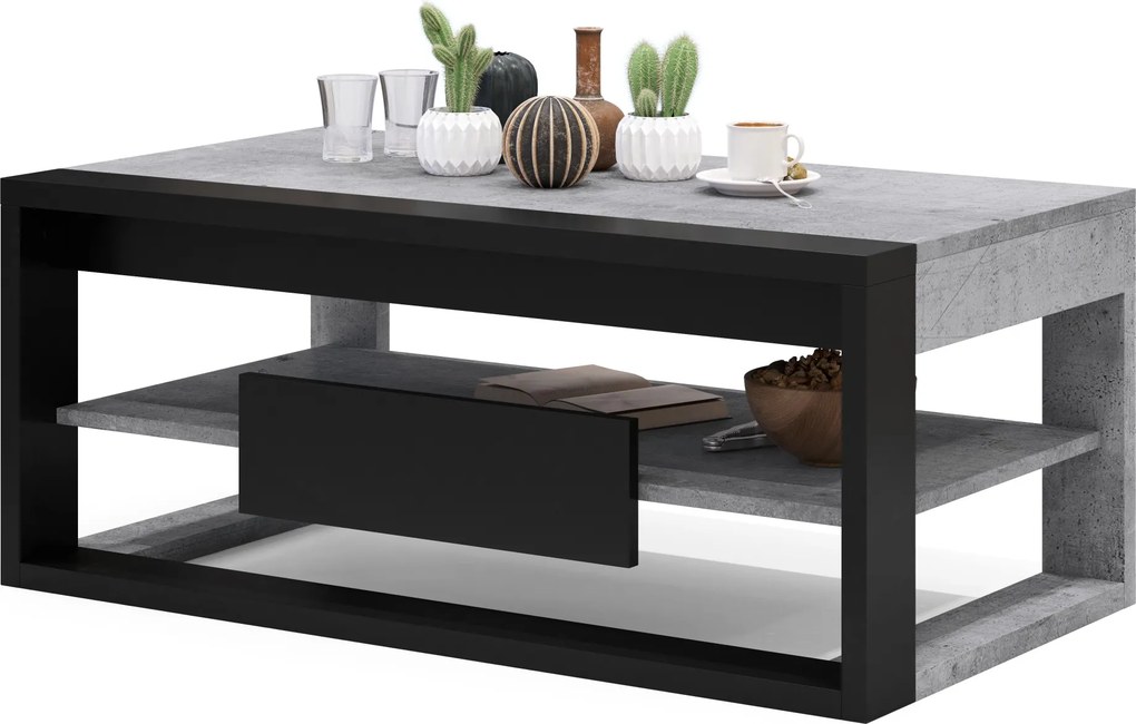 FRAME Millenium Beton/Zwart Mat - MODERNE TAFEL MET OPTILBAAR TAFELBLAD/IN HOOGTE VERSTELBAAR TAFELBLAD + OPBERGVAK + PLANK