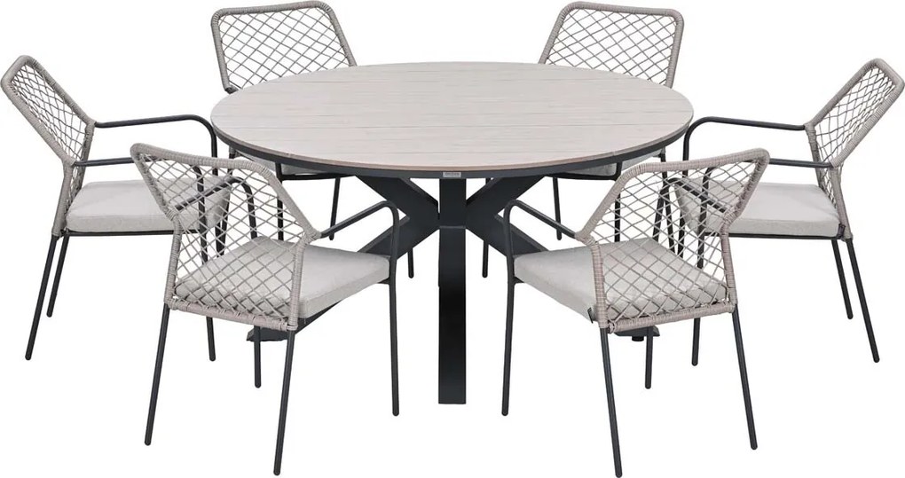 Garden Impressions Ross tuinset sand 6-delig - Tulli tuintafel light teak look Ø148 cm