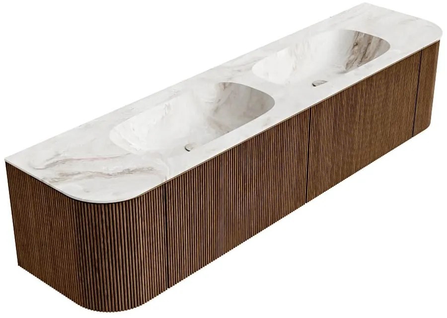 Mondiaz Kurve-dlux 190cm badmeubel ronding links/rechts walnut met 2 lades en deuren en wastafel stor small dubbel zonder kraangat frappe