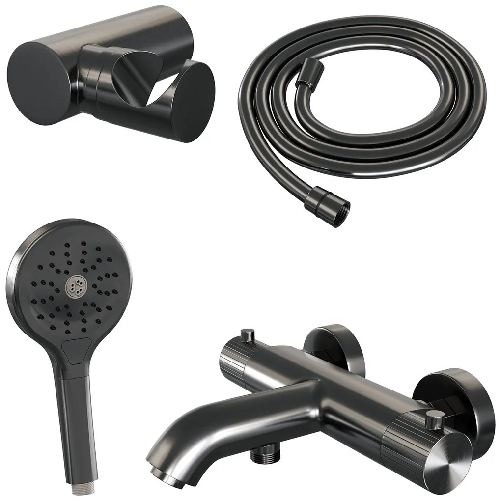 Brauer Stripe thermostatische badkraan met wandhouder en 3 standen handdouche gunmetal geborsteld PVD
