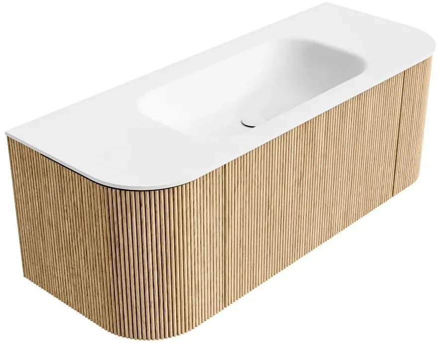 Mondiaz Kurve 120cm badmeubel ronding links/rechts oak met 1 lade en 2 deuren en wastafel big small midden zonder kraangat