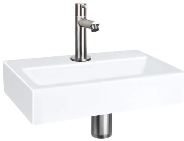 QeramiQ Fuente fonteinset - 38x24cm - 1 kraangat - keramiek - fonteinkraan RVS geborsteld - glans wit SW696237/SW696207/SW696217/SW21912