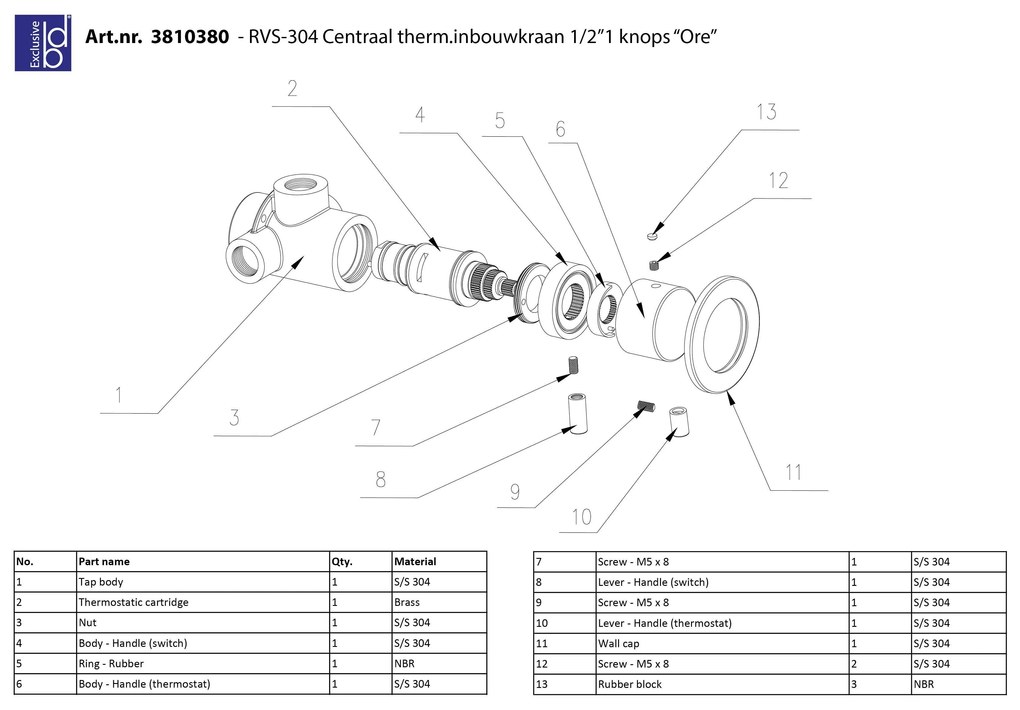 Best Design Ore 1/2" thermostatische inbouwkraan RVS
