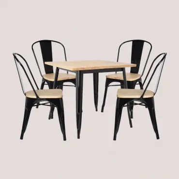 Set Van Een Vierkante Tafel 80x80 Cm En 4 Stoelen Van Grenenhout En Staal Lix Houtbruin - Zwart - Sklum