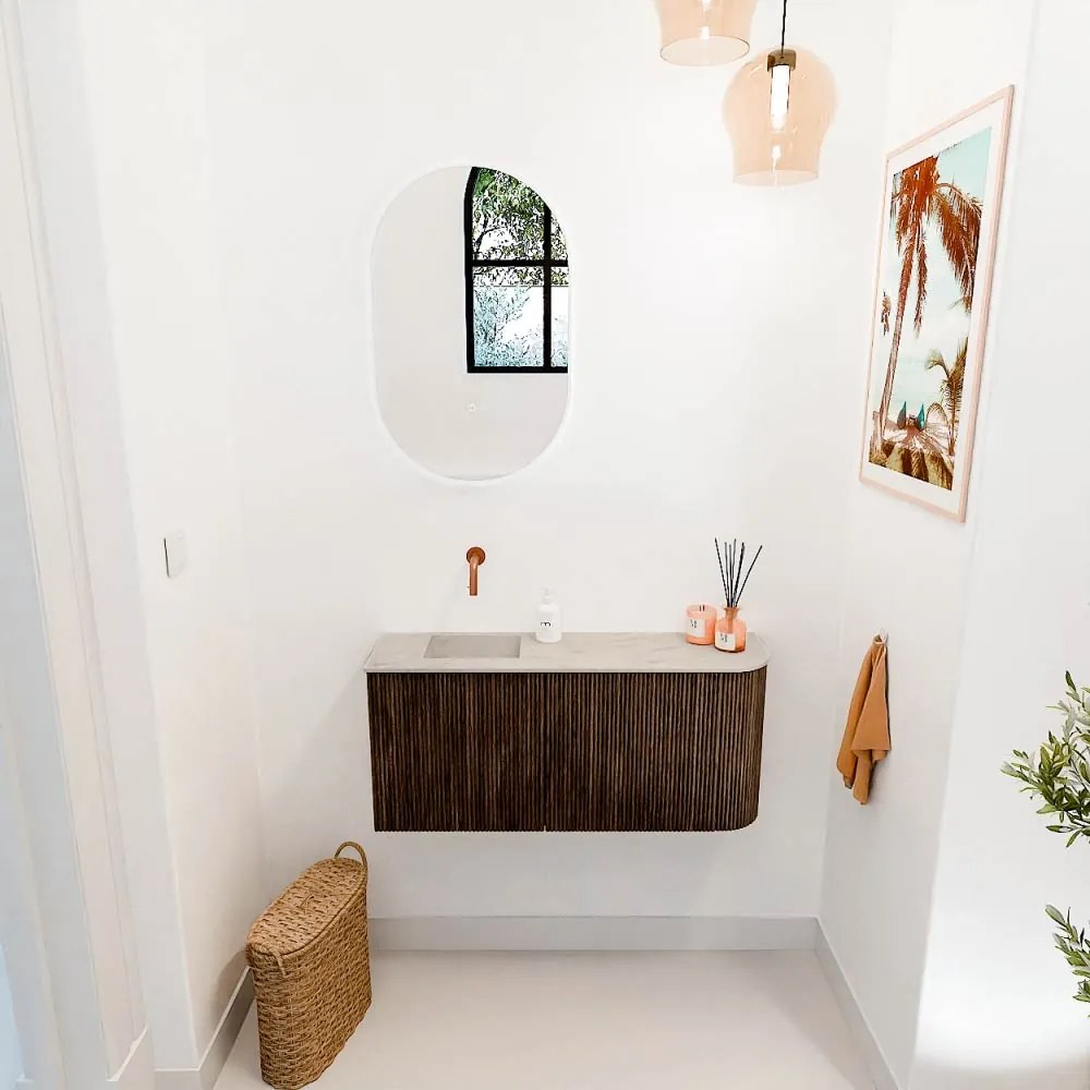 Mondiaz Joya DLux 90cm toiletmeubel ronding rechts walnut met wastafel faye links zonder kraangat opalo