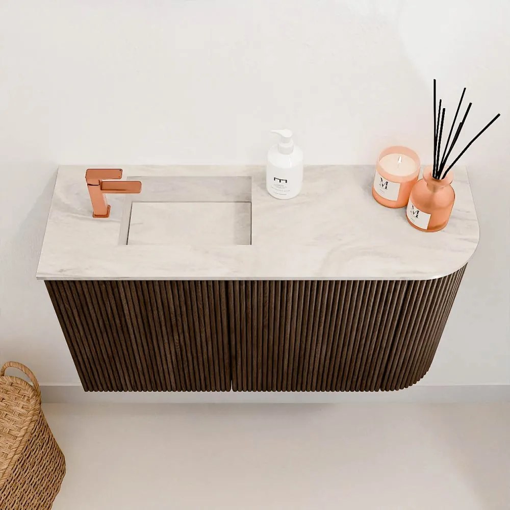 Mondiaz Joya DLux 70cm toiletmeubel ronding rechts walnut met wastafel faye links 1 kraangat ostra