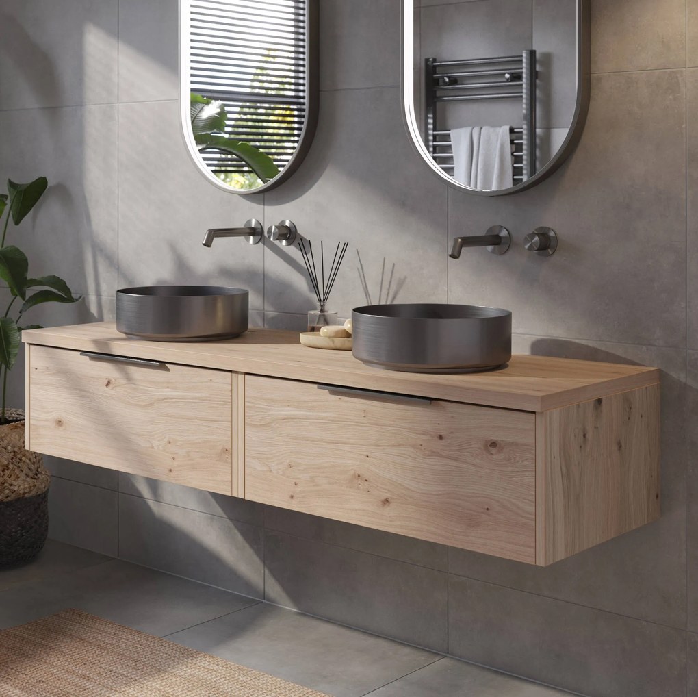 Saqu Lima voorgemonteerd badmeubel incl. afdekblad met grafiet greep 160cm naturel eiken
