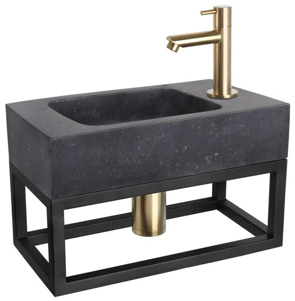 Differnz Bombai fonteinset - 40x22x9cm - Rechthoek - 1 kraangat - Recht matte goude kraan - met zwart frame - Natuursteen Zwart SW373151/SW524002/SW533192/SW644702/SW865583
