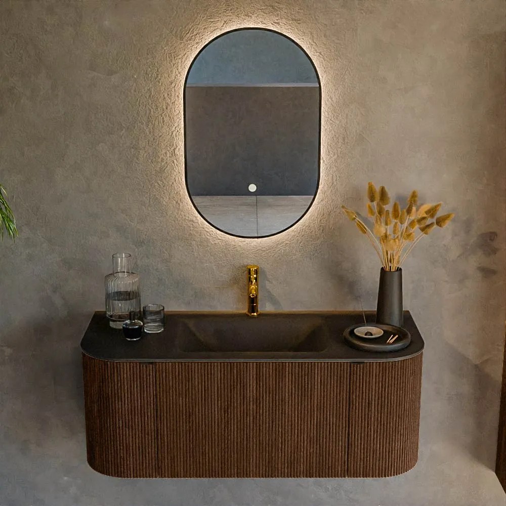 Mondiaz Kurve 110cm badmeubel ronding links/rechts walnut met 1 lade en 2 deuren en wastafel cloud midden 1 kraangat urban