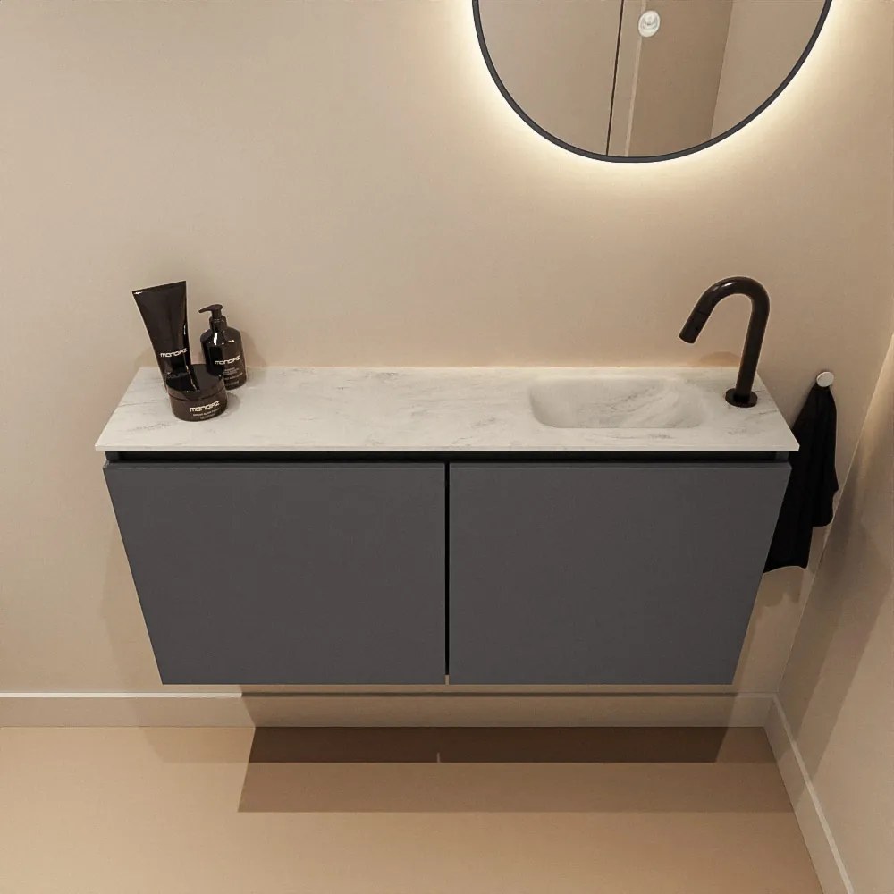 Mondiaz Ture DLux toiletmeubel 100cm dark grey met wastafel opalo rechts met kraangat