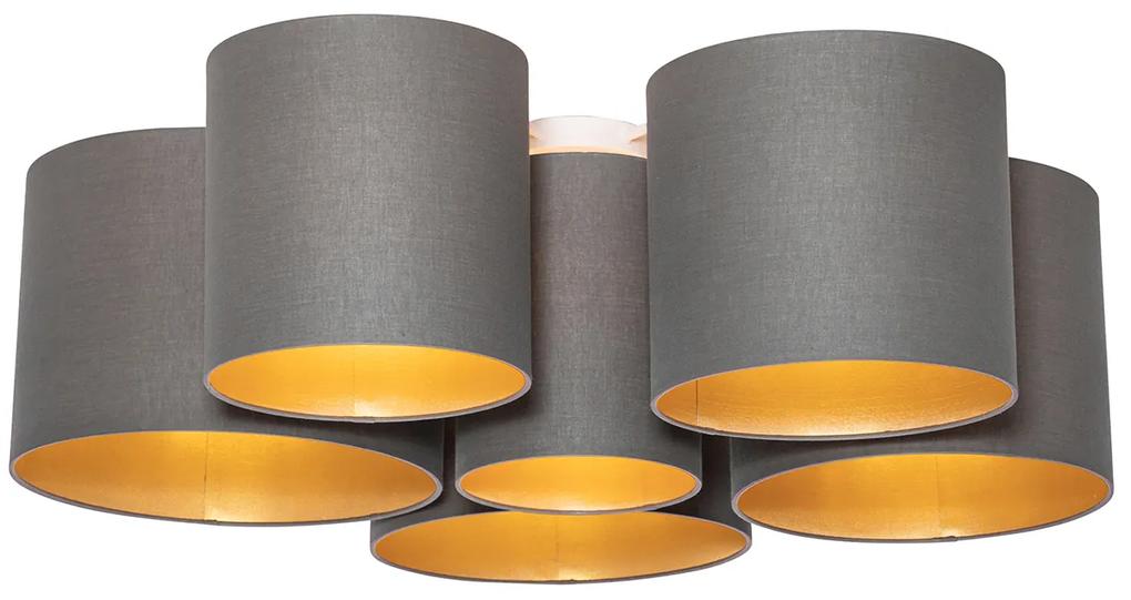 Stoffen Plafondlamp taupe met gouden binnenkant 6-lichts - Multidrum Modern E27 rond Binnenverlichting Lamp