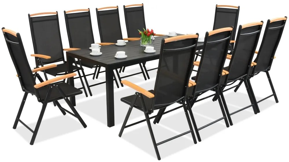 Verona Wood polywood aluminium tuinmeubelen met grote tafel voor 10 personen Garden Point zwart