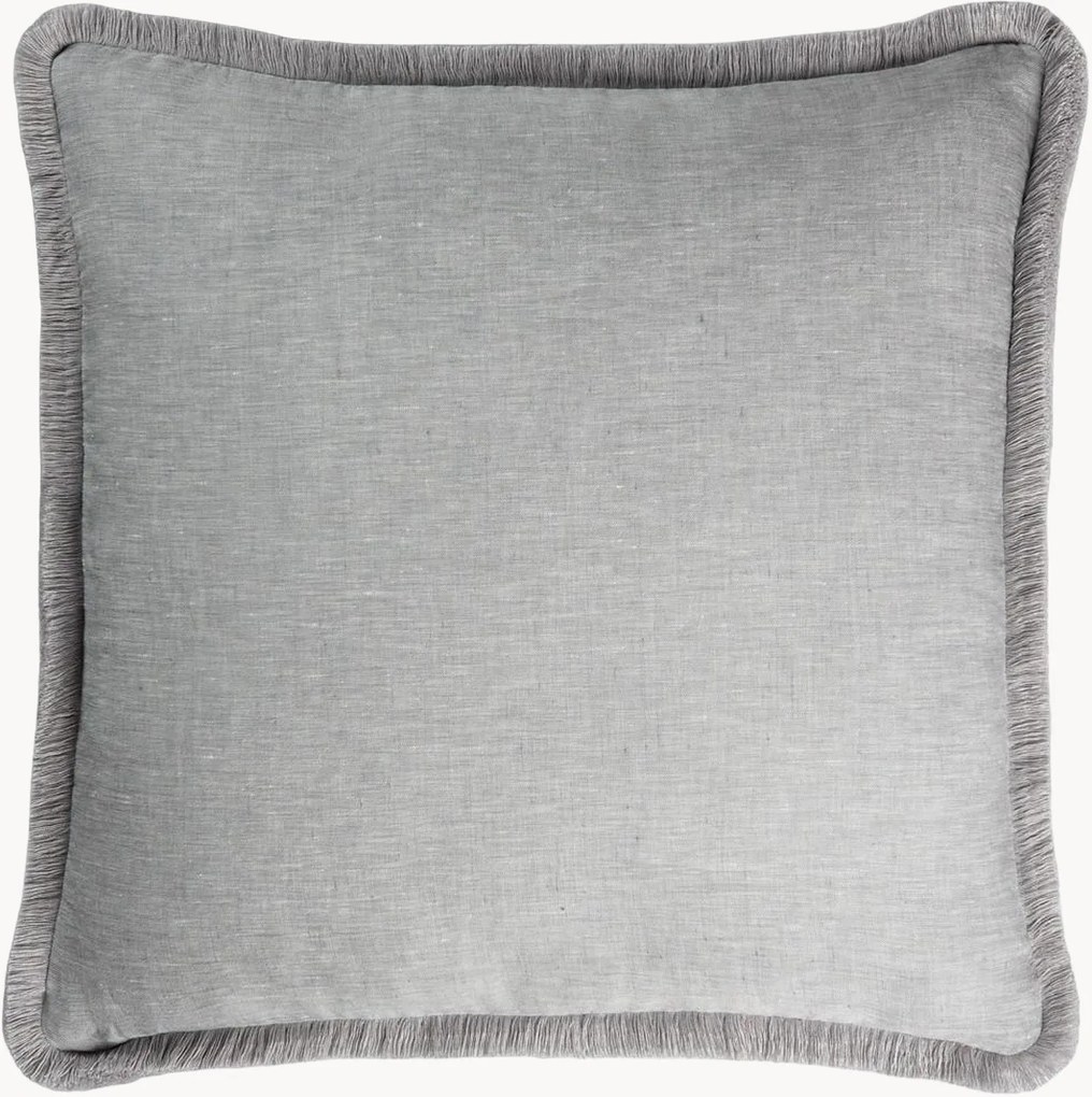 Handgemaakt linnen sierkussen Happy Pillow met franjes