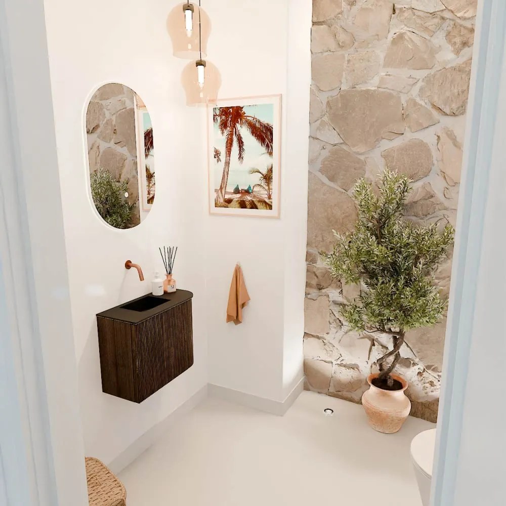 Mondiaz Joya 50cm toiletmeubel ronding rechts walnut met wastafel faye links zonder kraangat urban