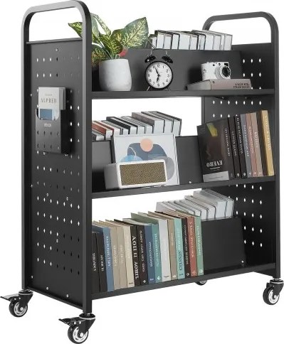 VEVOR Boekenwagen, draagvermogen 159 kg, Bibliotheekwagen, 970 x 515 x 1225 mm, dubbelzijdige W-vormige boekenplank met dubbele remwielen, Opruimwagen voor woonkamer, kantoor, school, zwart