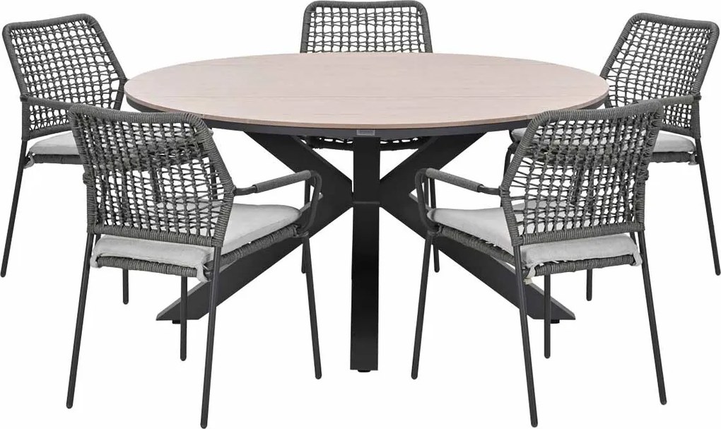 Garden Impressions Natas tuinset grijs 6-delig - Tulli tuintafel light teak look Ø148 cm