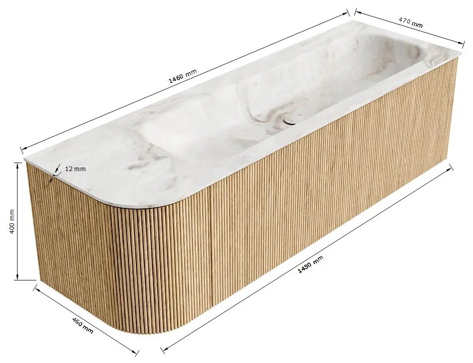 Mondiaz Kurve-dlux 145cm badmeubel ronding links shadow met 1 lade en deur en wastafel big large kraangat rechts frappe