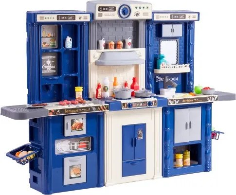 VEVOR Kinderkeukenset, 3-in-1 peuterkeuken met gesimuleerde sproeier, geluiden en lichtjes, speelkeukenset met 74-delige kookaccessoireset voor peuters, kleuters en kinderen van 3 tot 8 jaar, blauw