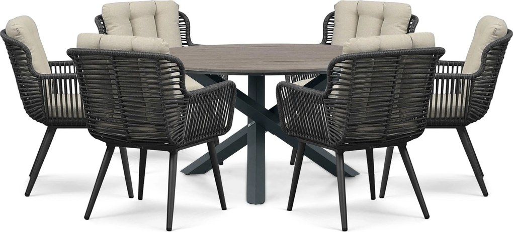 Tuinset Ronde Tuintafel 6 personen 150 cm Rope Grijs Coco Custa/Ancona