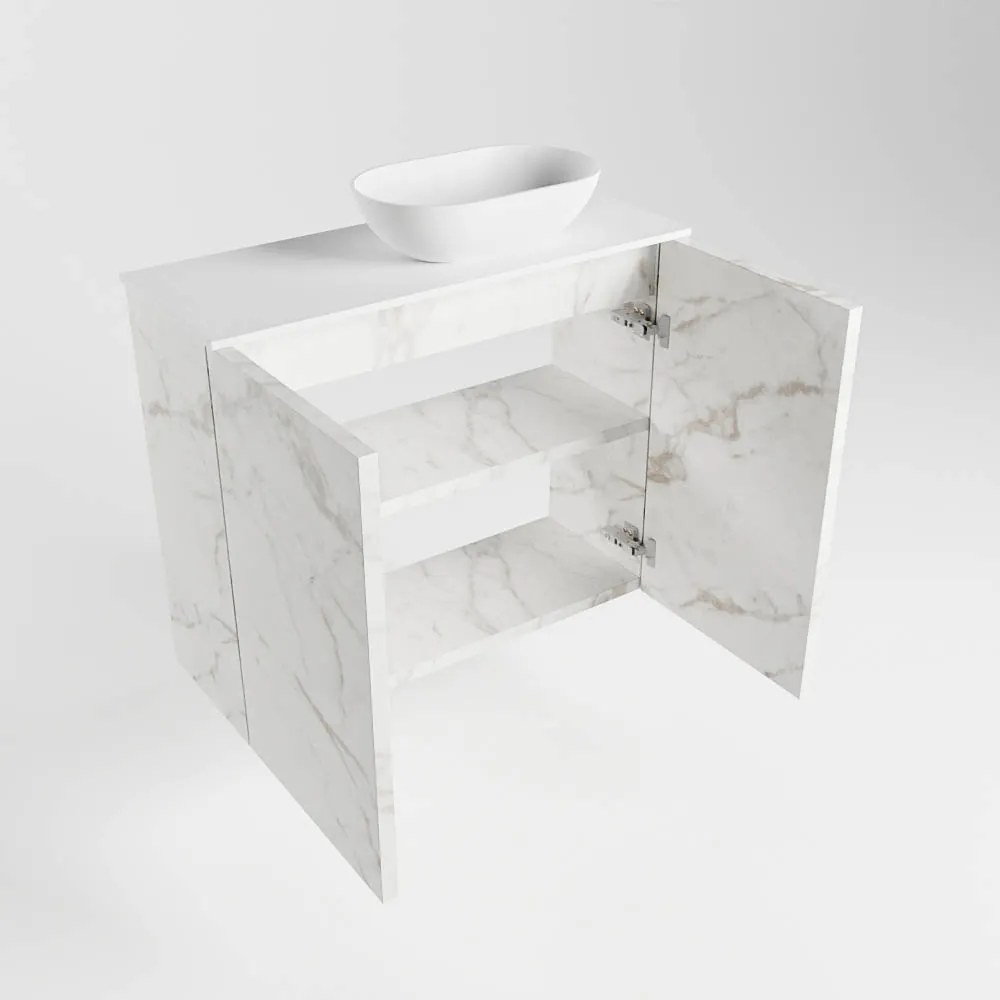 Mondiaz Fowy toiletmeubel 60cm Carrara met witte waskom rechts en kraangat