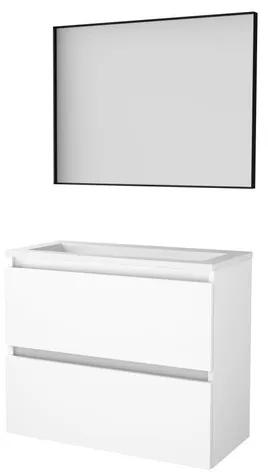 Basic-Line Framed 39 badkamermeubelset - 80x39cm - greeploos - 2 lades - acryl wastafel - 0 kraangaten - Spiegel - mat zwart aluminium frame - rondom - MDF lak Ice White 1813807