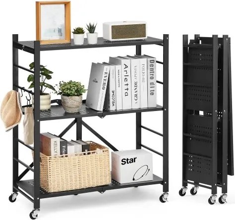 VEVOR 3-laags opvouwbare planken met wielen, 33 x 76 x 91 cm, opvouwbare, robuuste plankenkast, vrijstaande plankenkast, huishoudelijke plankenkast, keukenplankenkast, metalen plankenkast voor garage, keuken, kelder, zwart