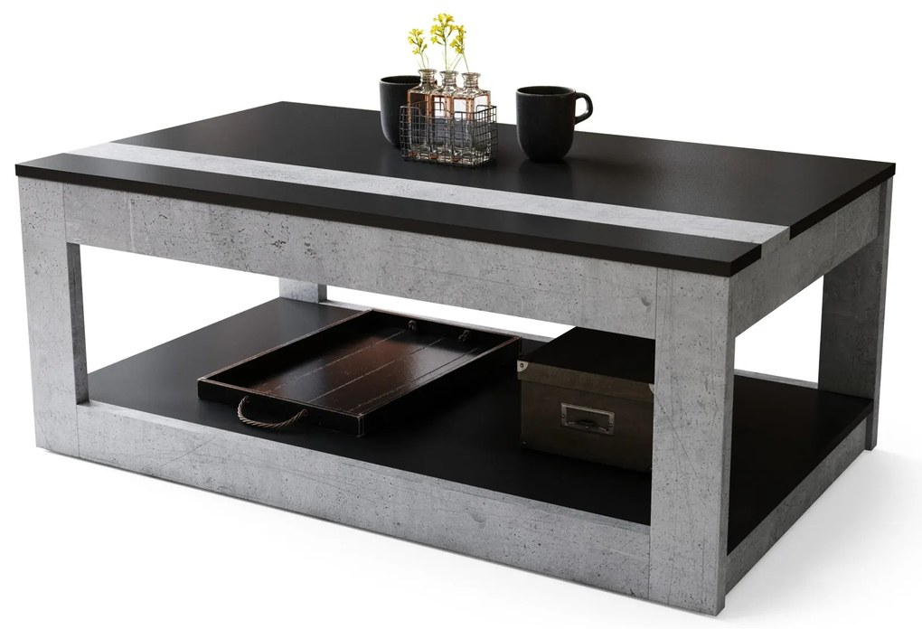 LUSSO Zwart Mat/Millenium Beton - MODERNE SALONTAFEL MET VERHOOGD BLAD + OPBERGRUIMTE + SCHAP (OP WIELEN!)