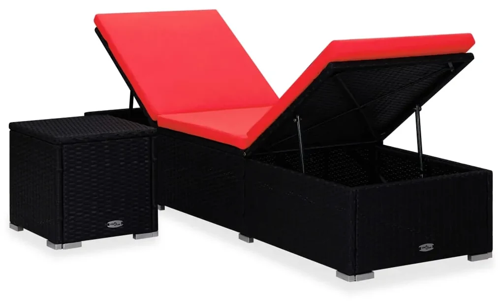vidaXL Ligbed met kussen en theetafel poly rattan rood