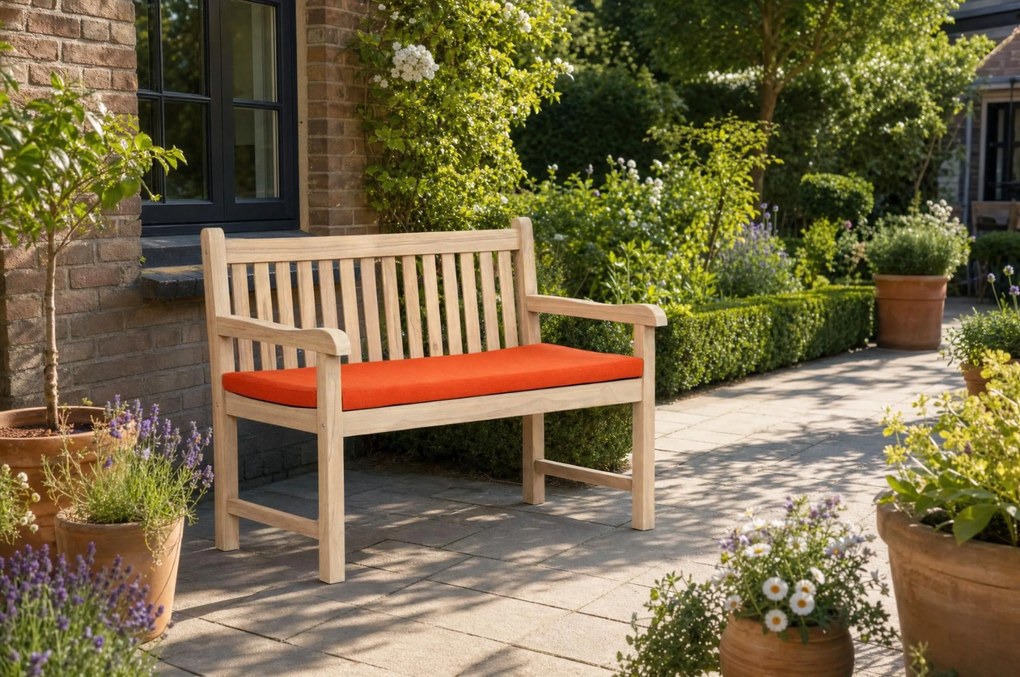 Tuinbank teak 120 cm incl. kussen orange Teak Old teak greywash Garden Collections Preston incl. kussen orange