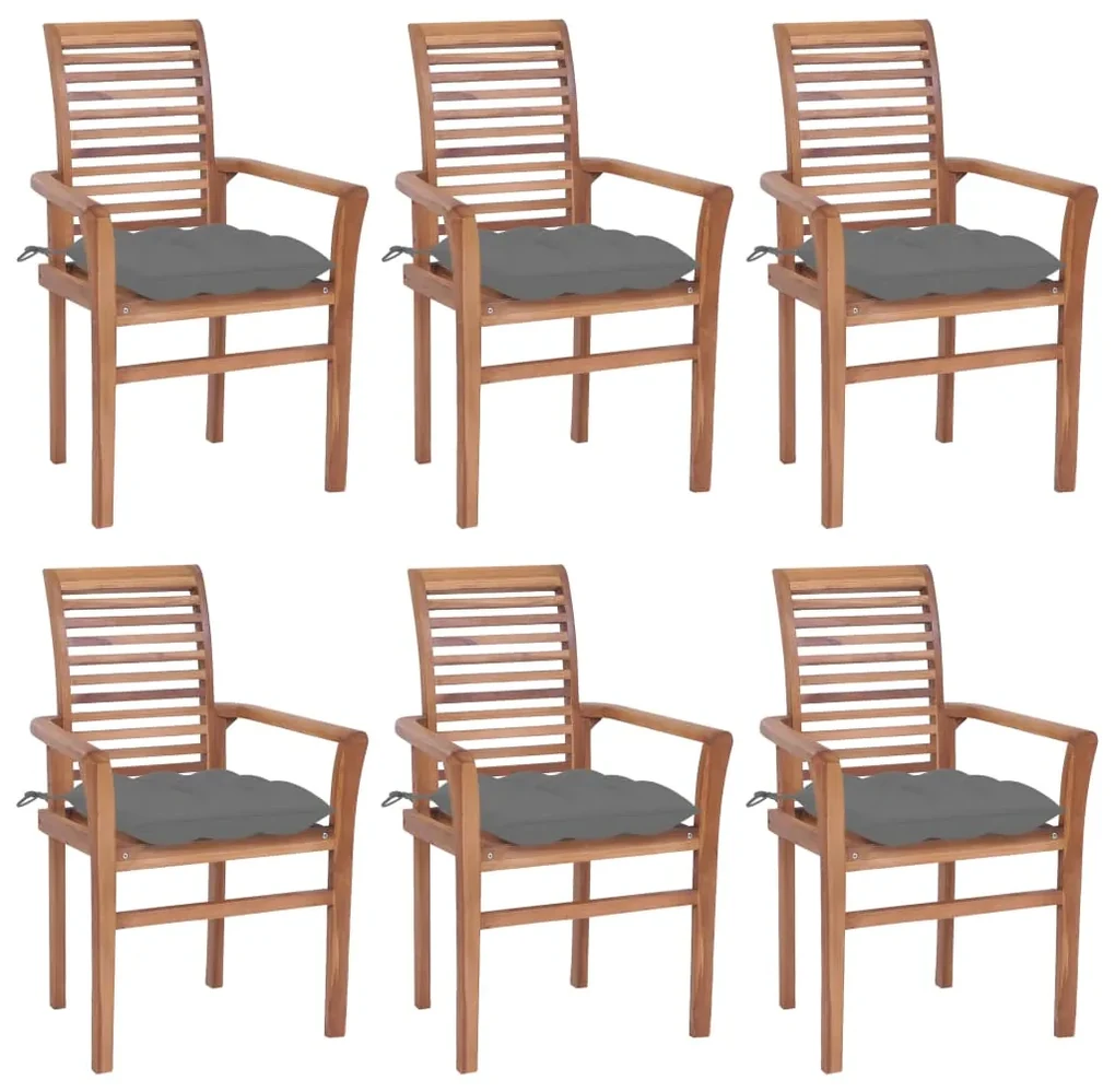 vidaXL Eetkamerstoelen 6 st met grijze kussens massief teakhout