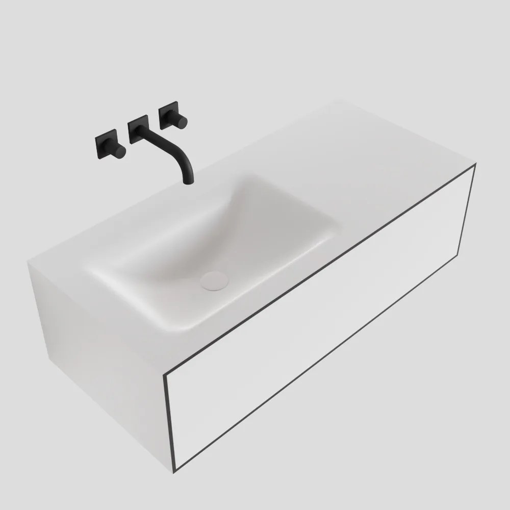 Zaro Lagom volledig naadloos solid surface onderkast 100cm mat zwart met 1 lade Push tot open. Compleet met solid surface wastafel met 0 kraangat(en)