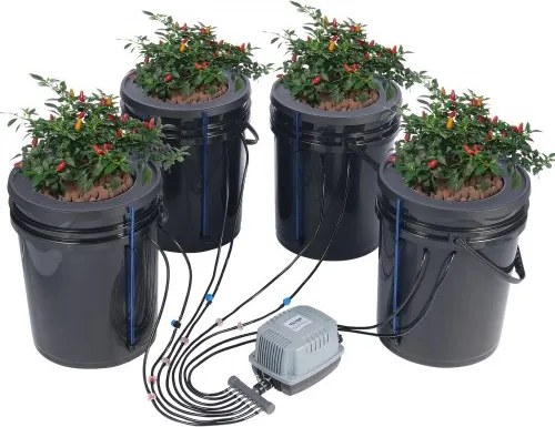 VEVOR DWC Hydroponics Grow System, Hydroponisch kweeksysteem met druppelkit aan de bovenkant, Diepwatercultuur 5 gallons 4 emmers, met luchtpomp, luchtstenen en waterniveau-indicator voor bladgroenten