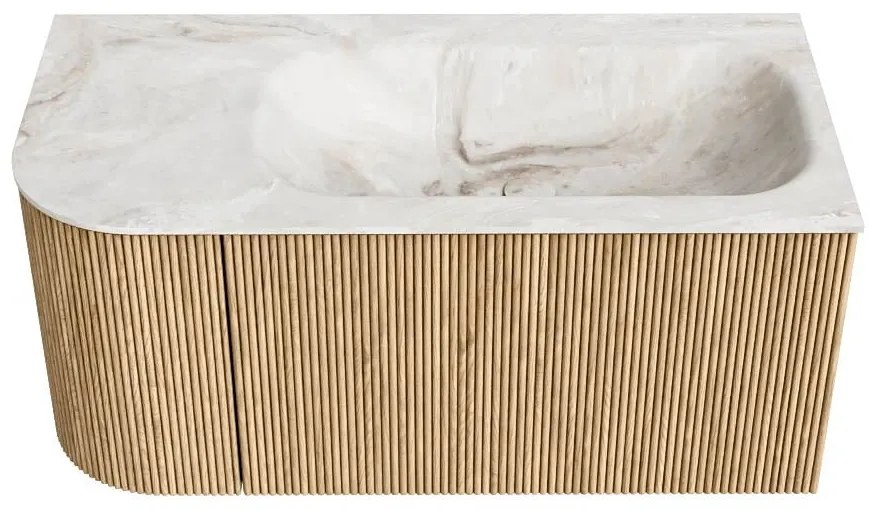 Mondiaz Kurve-dlux 95cm badmeubel ronding links oak met 1 lade en deur en wastafel big small kraangat rechts frappe